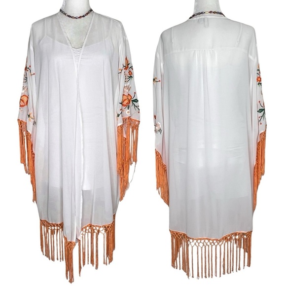 Fringe Kimono Floral Boho Festival Embroidered White Orange Flowers Medium Cato - Picture 1 of 17